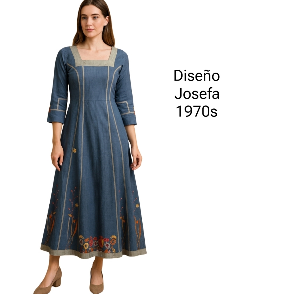 RARE Diseño Josefa 1970s  Floral Embroidered Maxi Square Neck Dress Medium